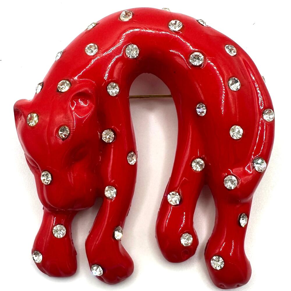 Vintage retro red celluloid clear rhinestones leopard big cat figural brooch